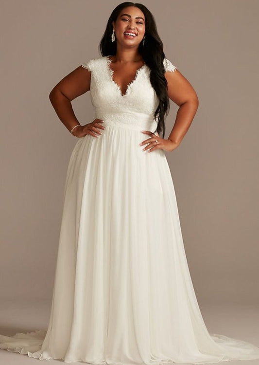 Lace Illusion Back Chiffon Plus Size Wedding Dress